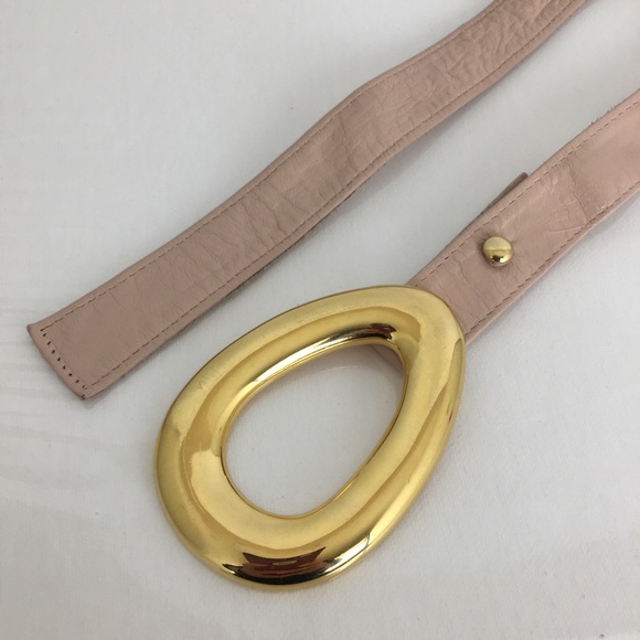 Vintage Alexis Kirk Thin Blush Pink Leather Belt Large Gold Buckle - Picture 8 of 12